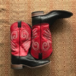 Justin Cowboy Boots Black Wildebeest Red Leather